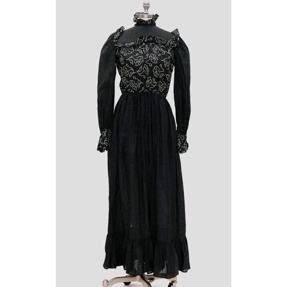 Vtg 70s 80s ELLEN TRACY Black Polka Dot Floral Prairie Victorian Maxi Dress 7/8 - Picture 1 of 14